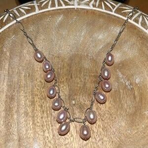 Vintage Oval Genuine Light Pink Pearls 925 Sterling Silver Chain Necklace